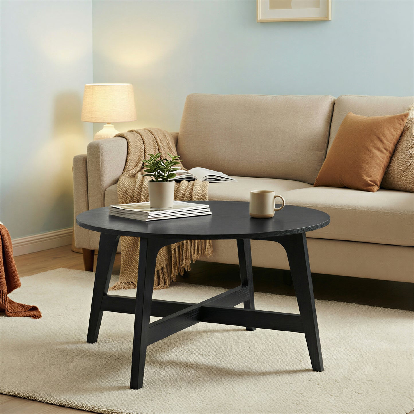Round Coffee Table, 31.5-Inch Mid-Century Modern Center Table with Tapered Legs, for Living Room, Charcoal Gray
