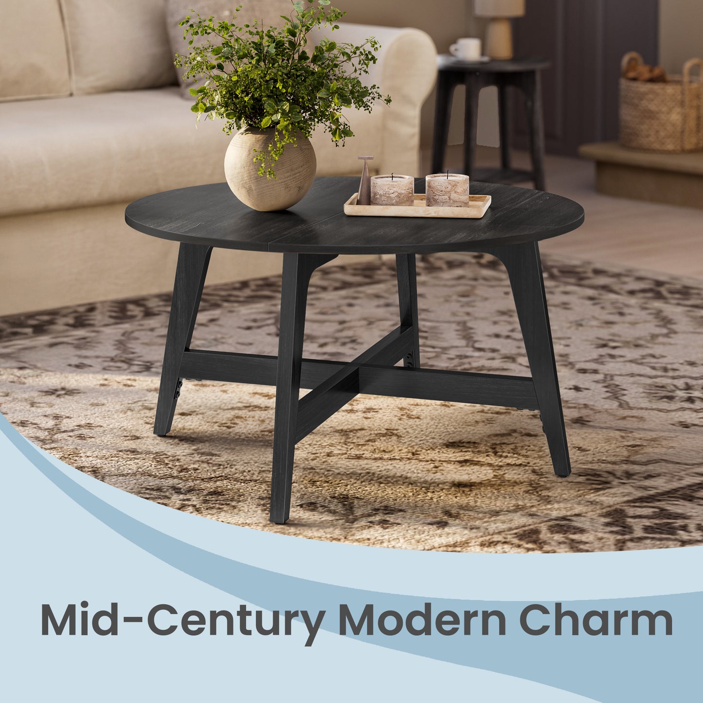 Round Coffee Table, 31.5-Inch Mid-Century Modern Center Table with Tapered Legs, for Living Room, Charcoal Gray