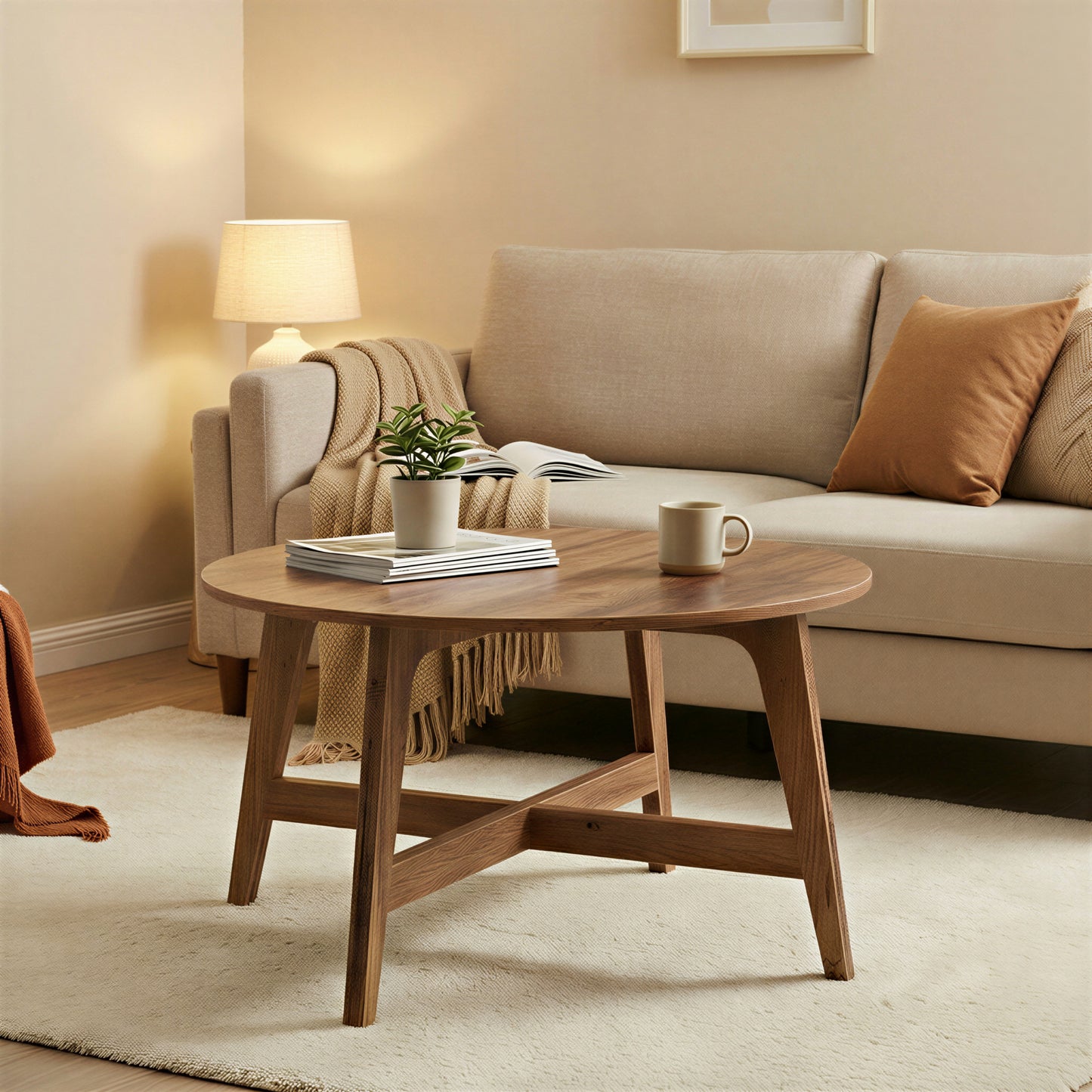 31.5 Inch Round Coffee Table, Mid-Century Modern Center Table with Tapered Legs for Living Room, Honey Brown