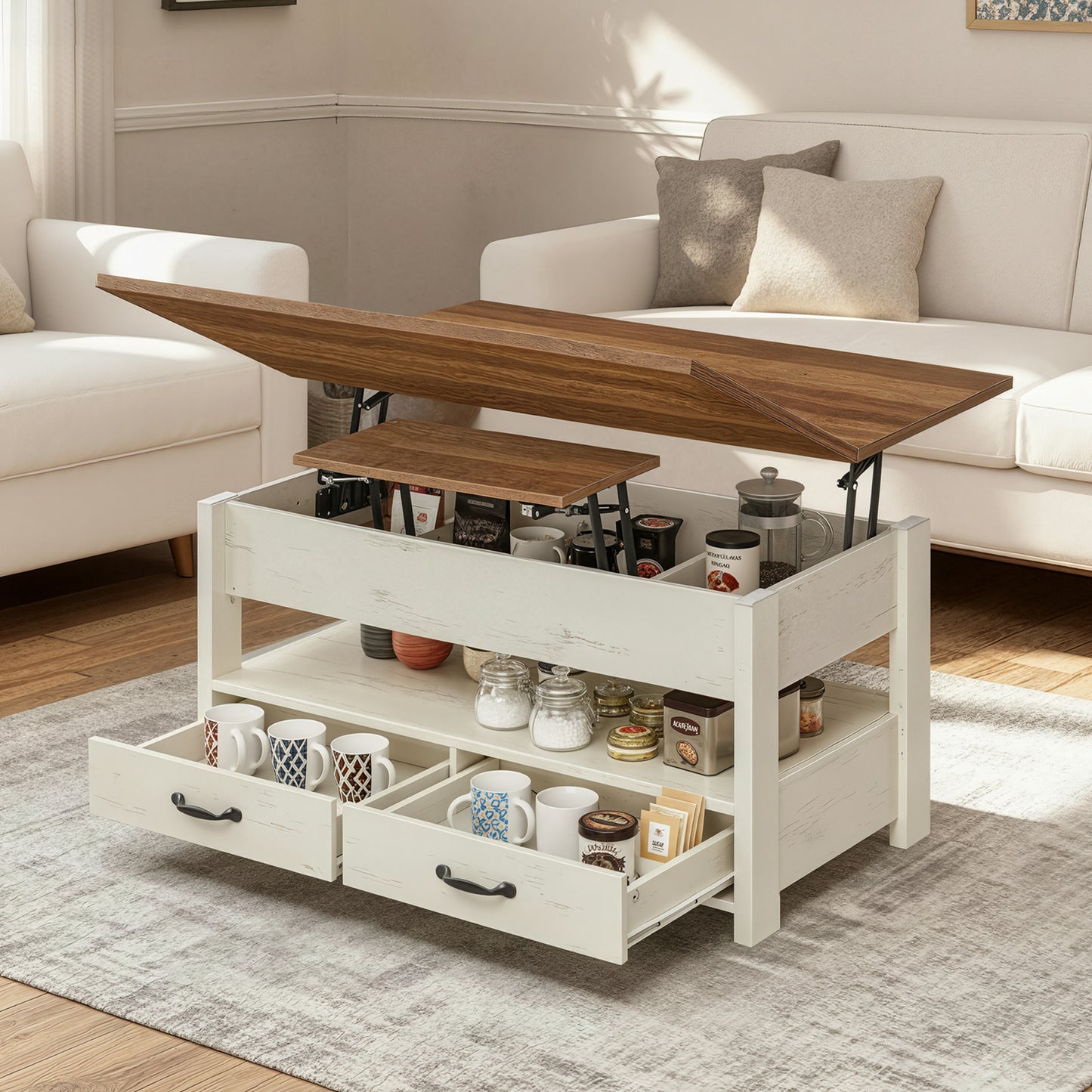 Lift Top Coffee Table with Storage, 3-in-1 Center Table with 2 Drawers and Gas Spring, for Living Room and Home Office, Honey Brown and Rustic White