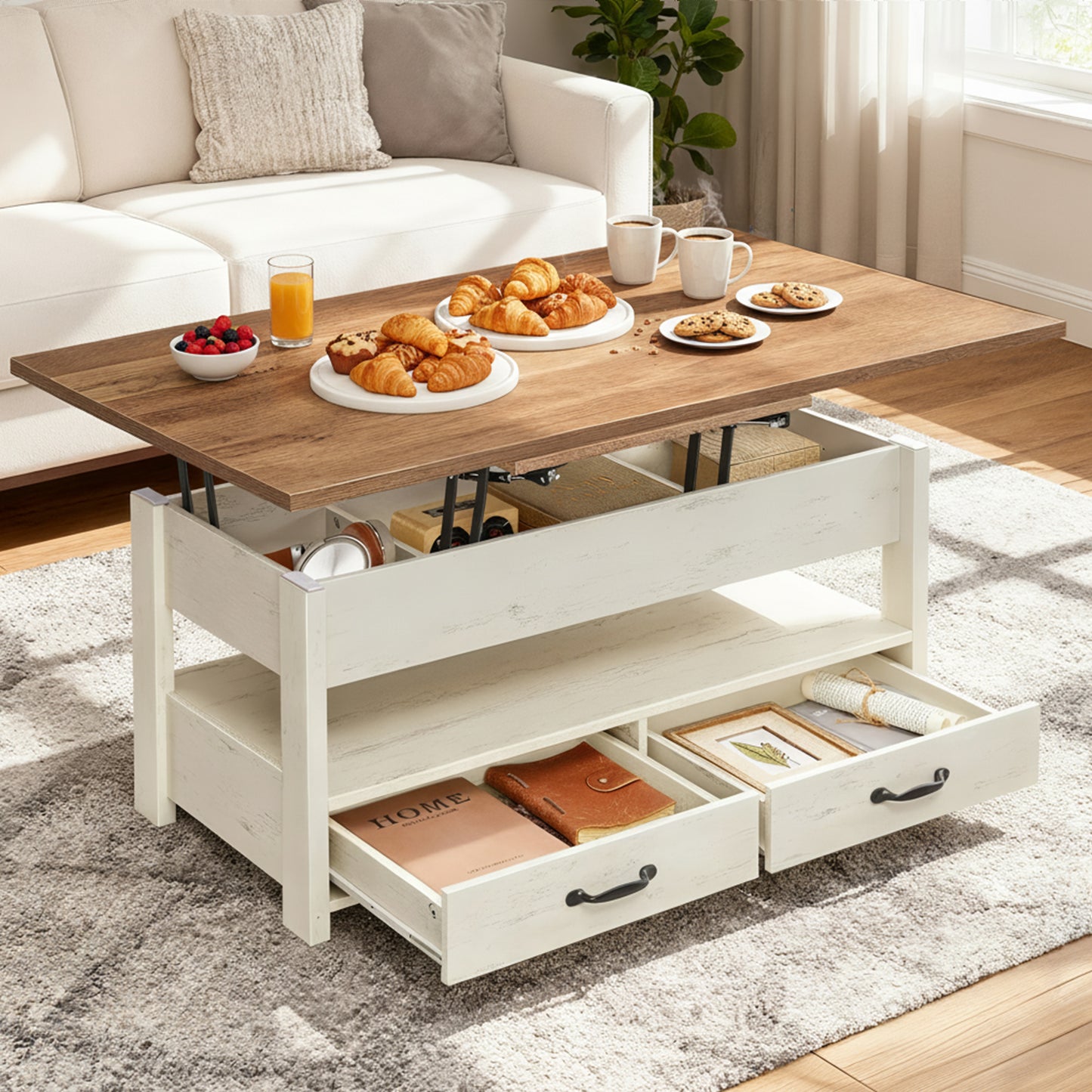 Lift Top Coffee Table with Storage, 3-in-1 Center Table with 2 Drawers and Gas Spring, for Living Room and Home Office, Honey Brown and Rustic White