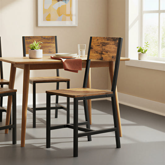 Set of 4 Rustic Farmhouse Dining Chairs, Wooden Seat with Metal Steel Frame, for Kitchen, Living Room, Bedroom, Rustic Brown and Ink Black