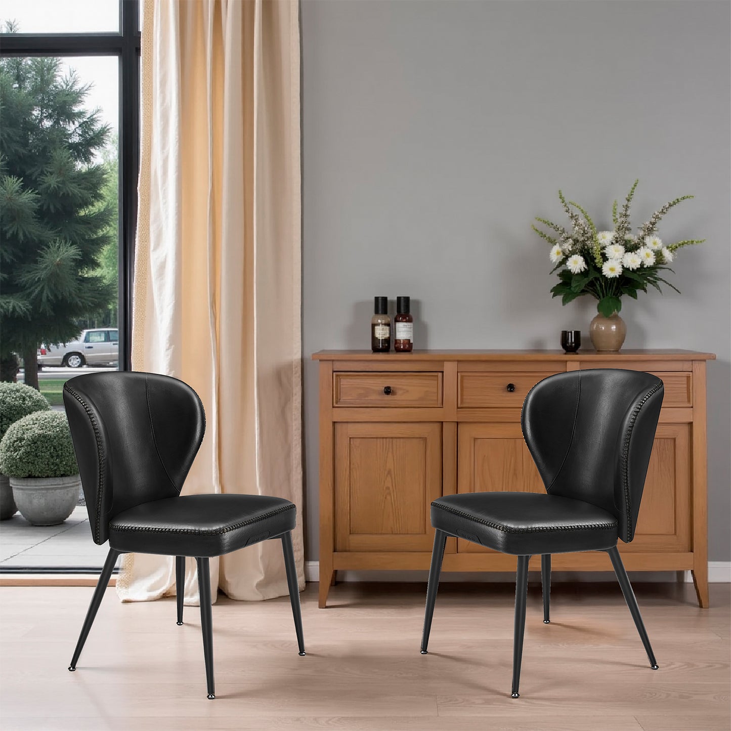 Set of 2 Mid-Century Modern Dining Chairs, Upholstered Kitchen Chairs with Synthetic Leather & Stitching, Award-Winning Design, Ink Black