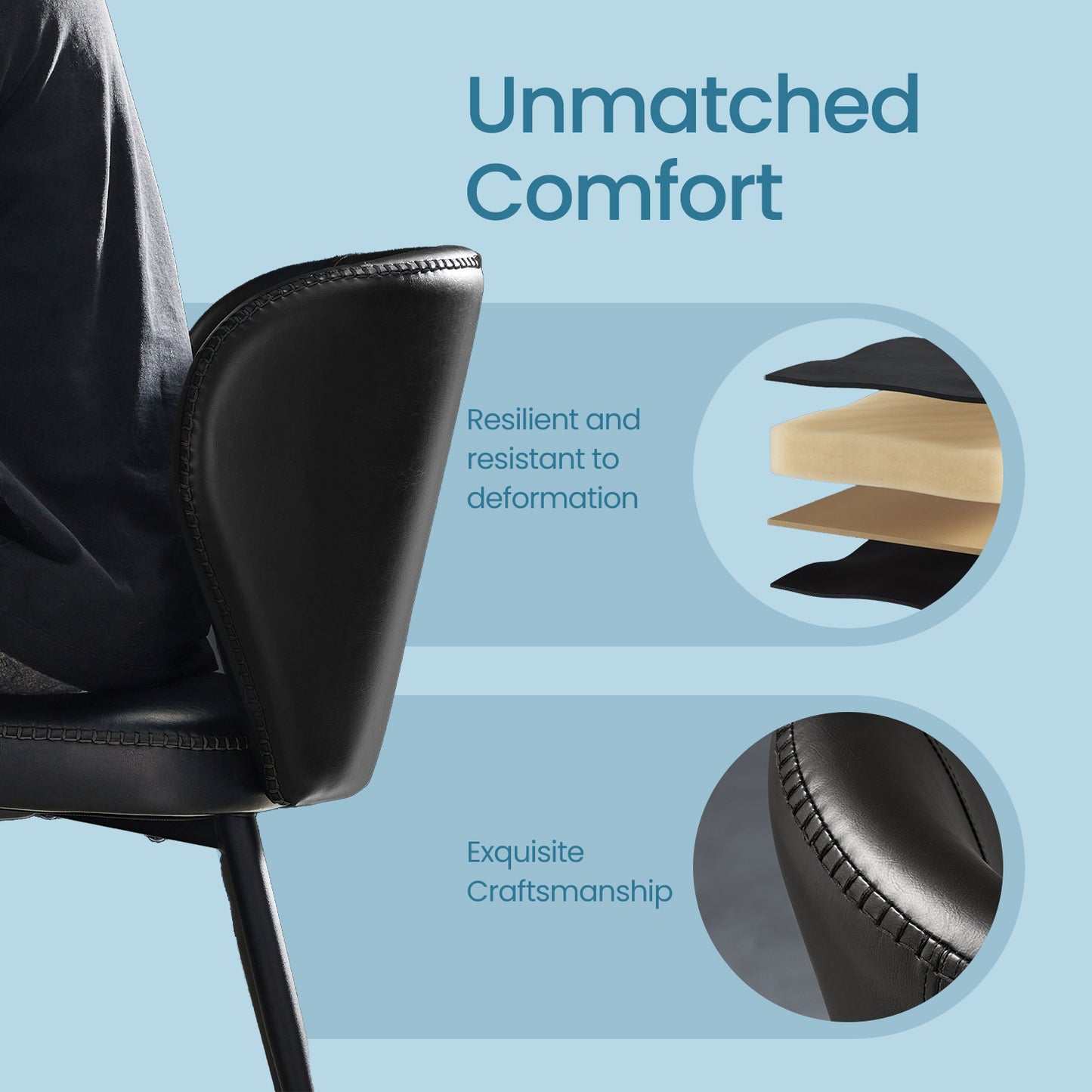 Set of 2 Mid-Century Modern Dining Chairs, Upholstered Kitchen Chairs with Synthetic Leather & Stitching, Award-Winning Design, Ink Black
