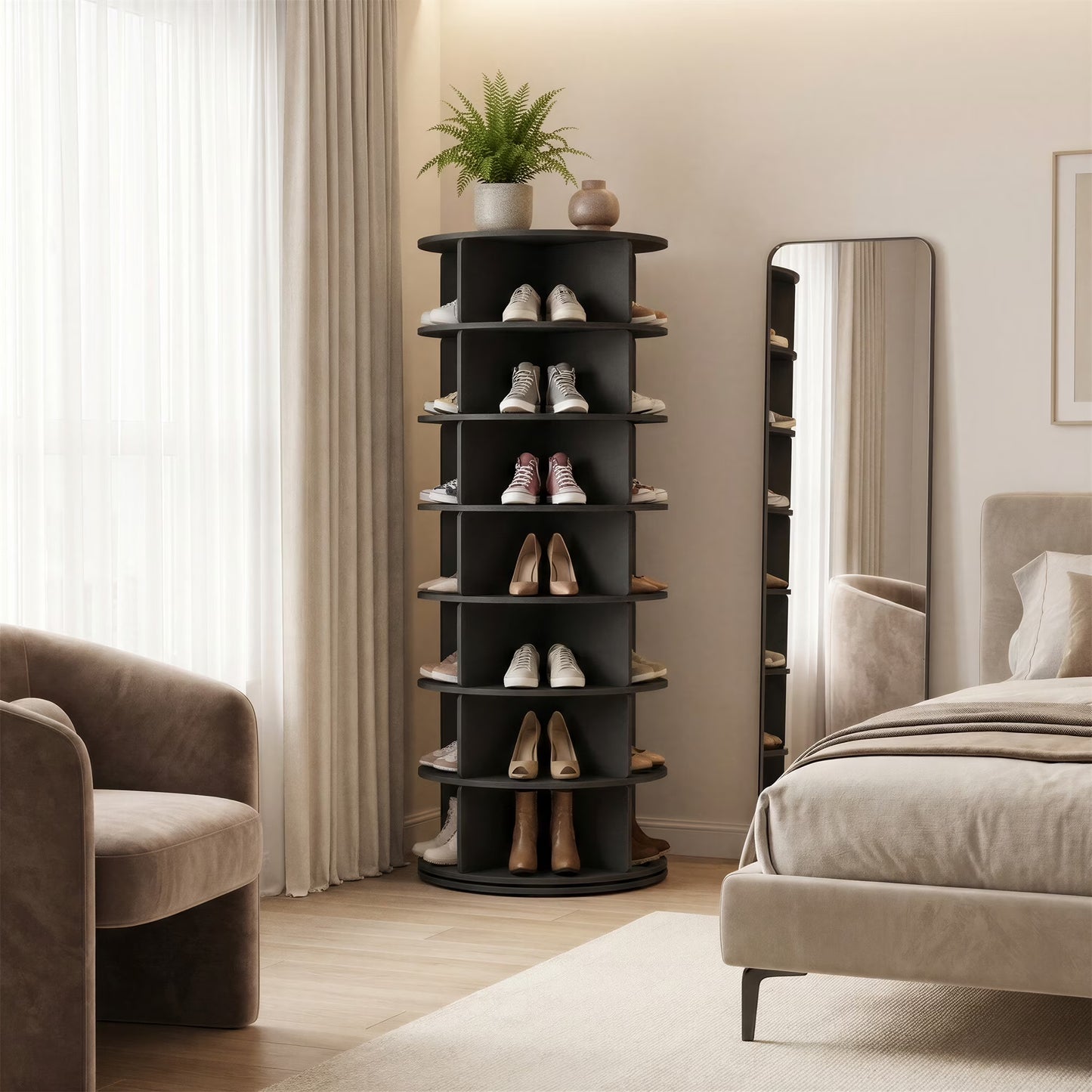 LEDREM 7-Tier Rotating Shoe Rack Tower, 360° Spinning Lazy Susan Organizer for 28 Pairs, Free Standing Corner Storage, Black