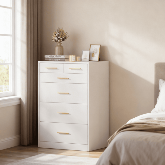 LEDREM Bedroom Chest of Drawers, Modern Storage Dresser with 6 Drawers, TV Stand for Living Room, White