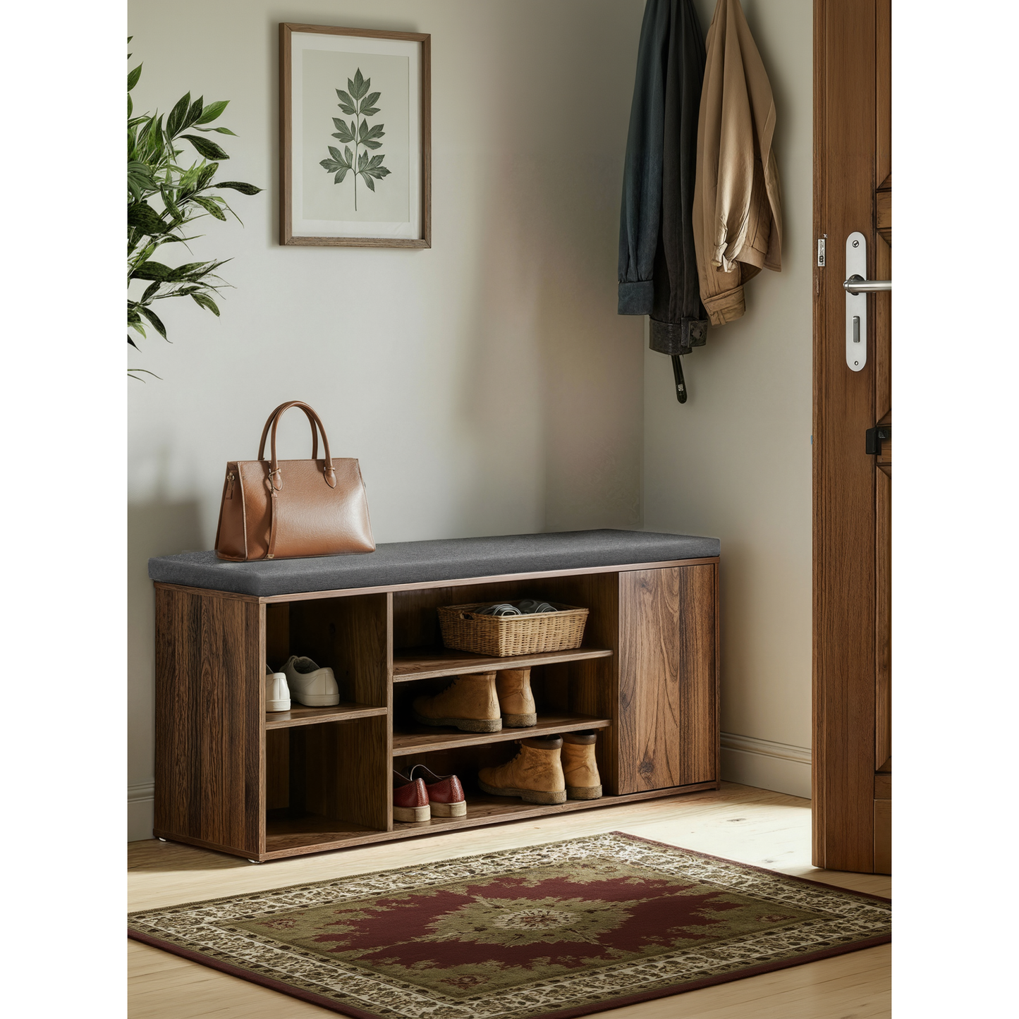 LEDREM Shoe Storage Bench, Tool-free installation, Entryway Bench With Storage Cabinets & Padded Seat Cushion, For Hallway and Bedroom