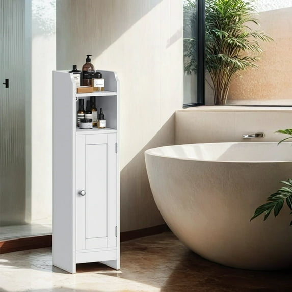 Slim Corner Storage Cabinet with Door, Adjustable Shelves & Anti-Tip Design, Narrow Toilet Paper Organizer for Bathroom Living Room, 31.5 Inch, Cloud White