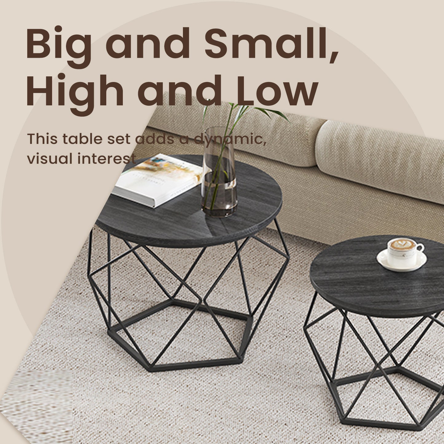 Small Coffee Table Set of 2, Round Side Tables with Steel Frame, Compact Living Room or Bedroom Accent Tables, Stable Modern Design, Charcoal Gray and Ink Black