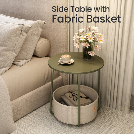 Small Round Side End Table with Fabric Basket, Modern Nightstand for Living Room, Bedroom, 17.7 x 19.7 Inches, Forest Green and Cream White