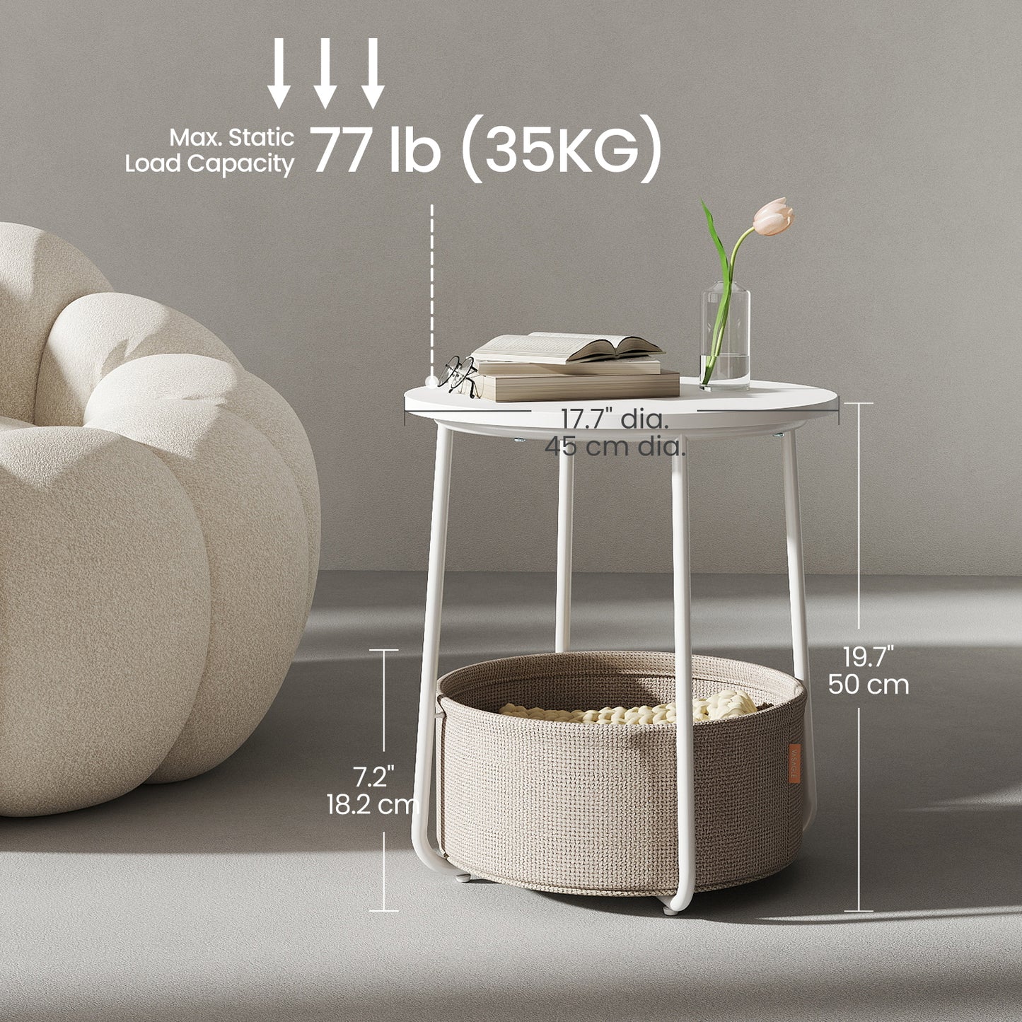Round End Table with Fabric Storage Basket, Modern Nightstand, Sturdy Particleboard Top & U-Shaped Legs, for Bedroom，Living Room, White & Brown