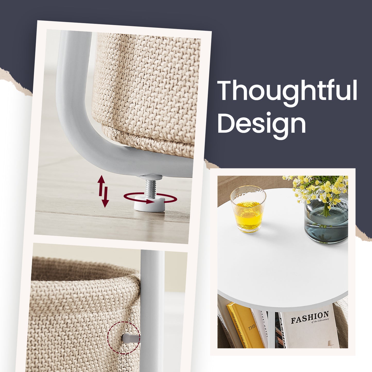 Round End Table with Fabric Storage Basket, Modern Nightstand, Sturdy Particleboard Top & U-Shaped Legs, for Bedroom，Living Room, White & Brown