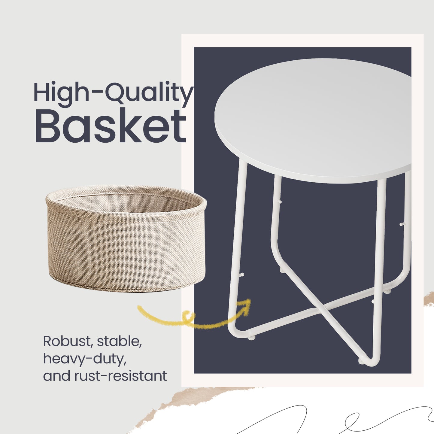 Round End Table with Fabric Storage Basket, Modern Nightstand, Sturdy Particleboard Top & U-Shaped Legs, for Bedroom，Living Room, White & Brown