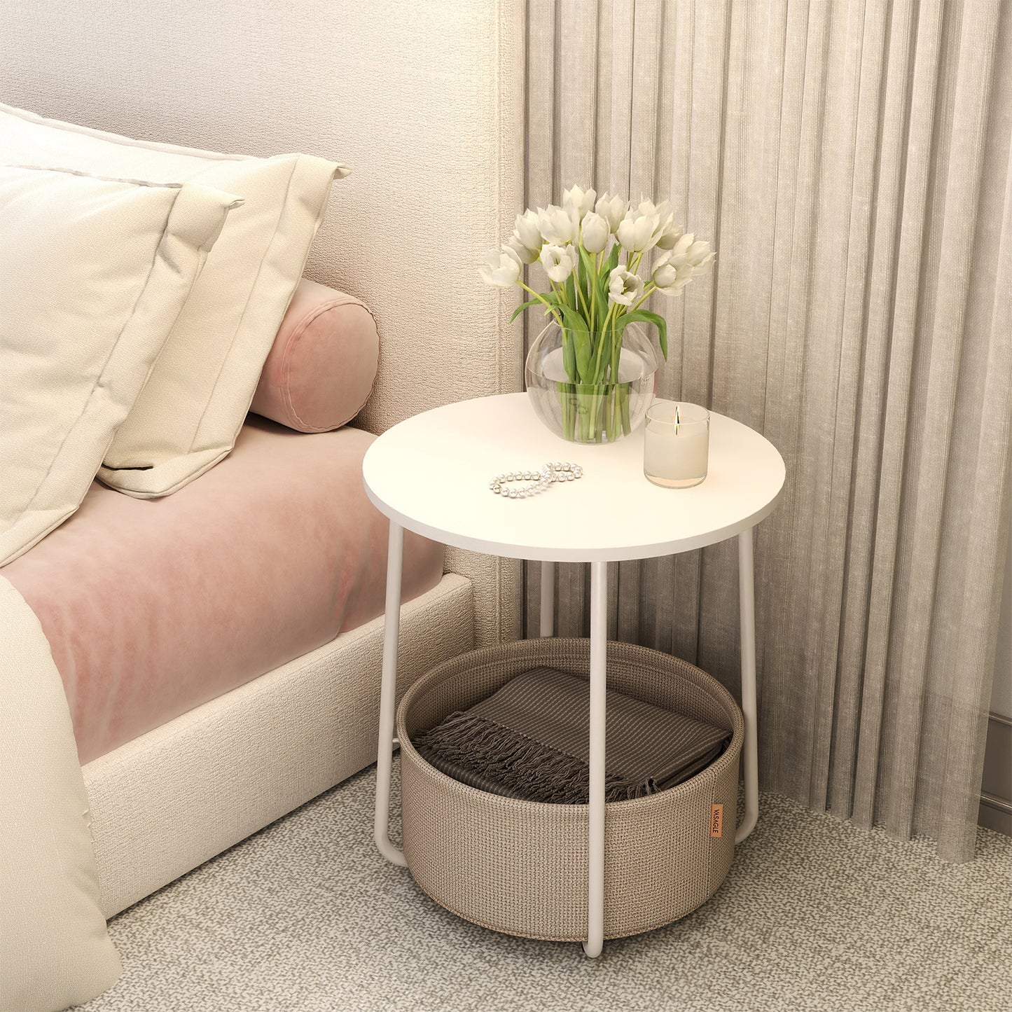 Round End Table with Fabric Storage Basket, Modern Nightstand, Sturdy Particleboard Top & U-Shaped Legs, for Bedroom，Living Room, White & Brown