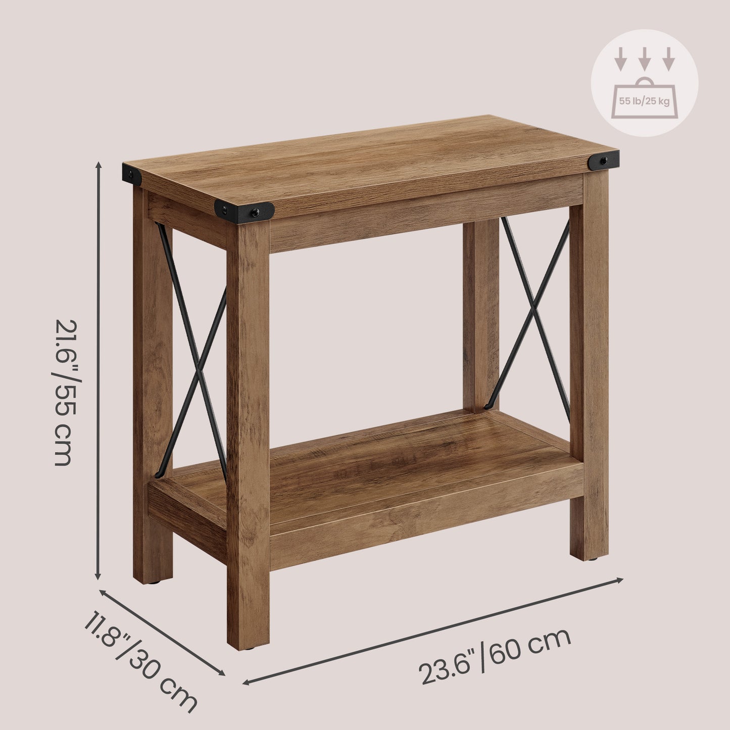 2-Tier Farmhouse End Table, Small Side Table with Bottom Shelf, Nightstand for Living Room, Bedroom, 23.6 x 21.6 x 11.8 Inches, Honey Brown