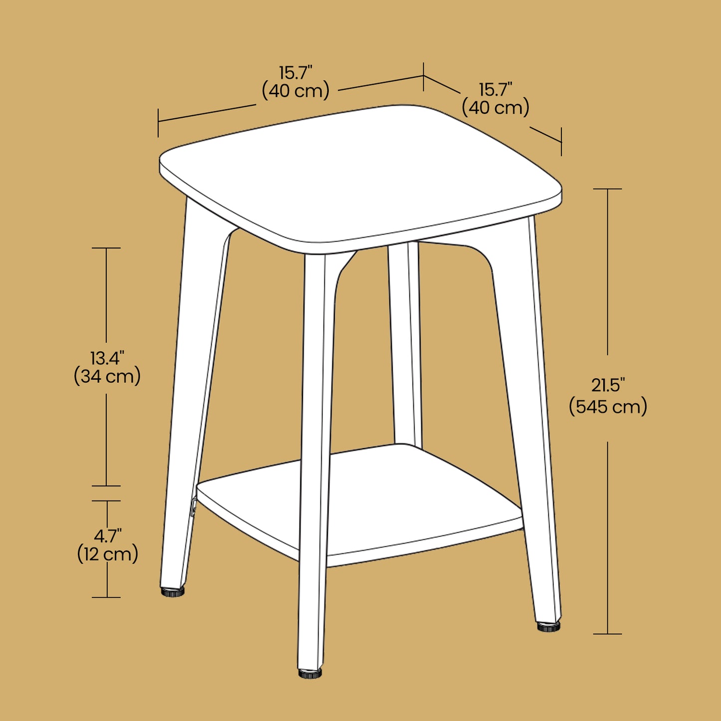 Modern Square Side Table with Lower Shelf, 2-Tier Small Space End Table, Nightstand, 15.7" Compact Accent Table, Honey Brown
