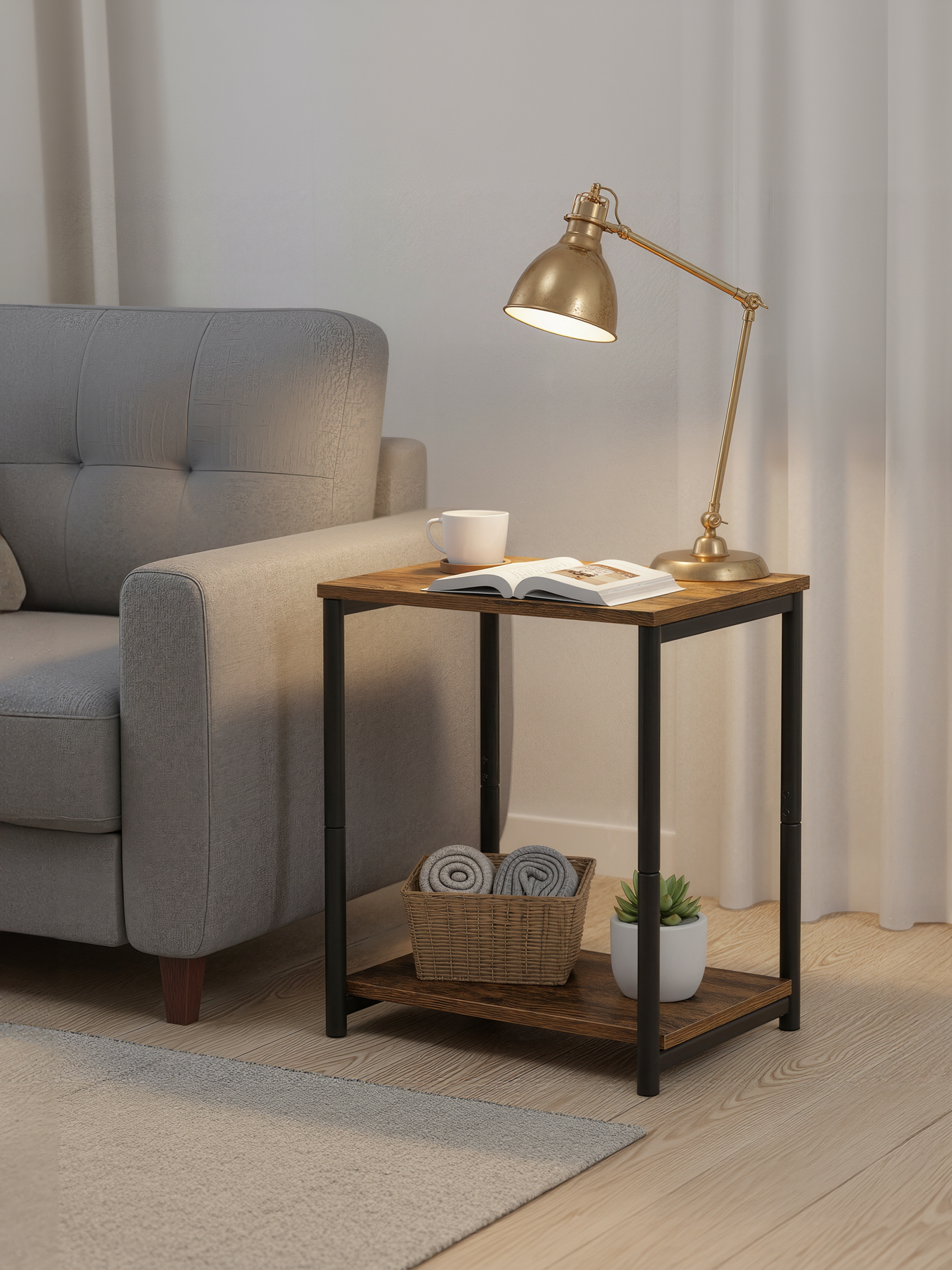Small End Table with 2-Tier Storage, Industrial Nightstand for Living Room, Bedroom, Office, 15.2 x 19.7 x 11.8 Inches, Rustic Brown and Black