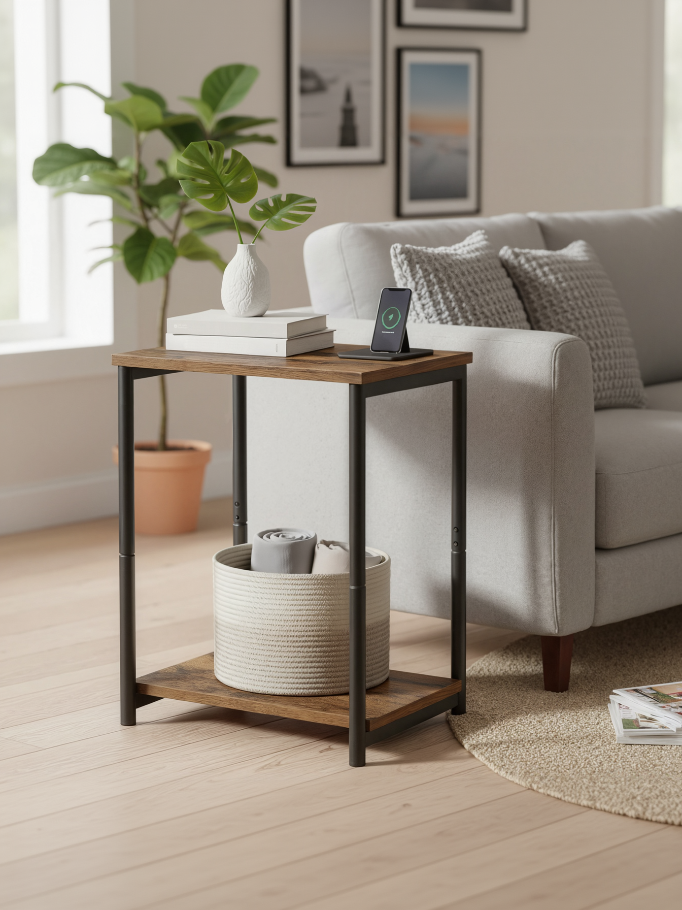 Small End Table with 2-Tier Storage, Industrial Nightstand for Living Room, Bedroom, Office, 15.2 x 19.7 x 11.8 Inches, Rustic Brown and Black