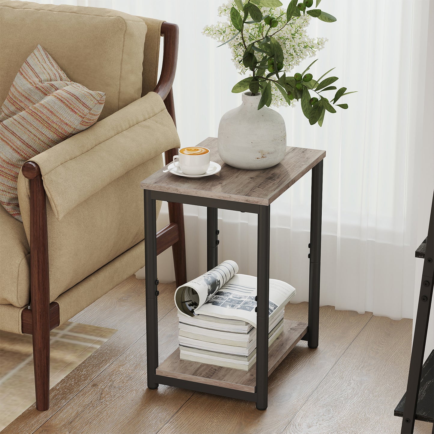 Small End Table with 2-Tier Storage, Industrial Nightstand for Living Room, Bedroom, Office, 15.2 x 19.7 x 11.8 Inches, Greige and Black