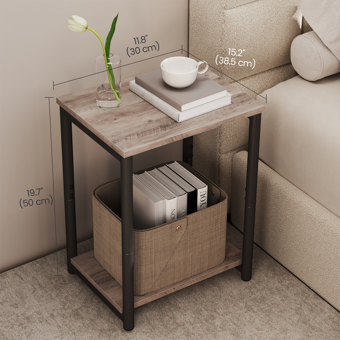 Small End Table with 2-Tier Storage, Industrial Nightstand for Living Room, Bedroom, Office, 15.2 x 19.7 x 11.8 Inches, Greige and Black