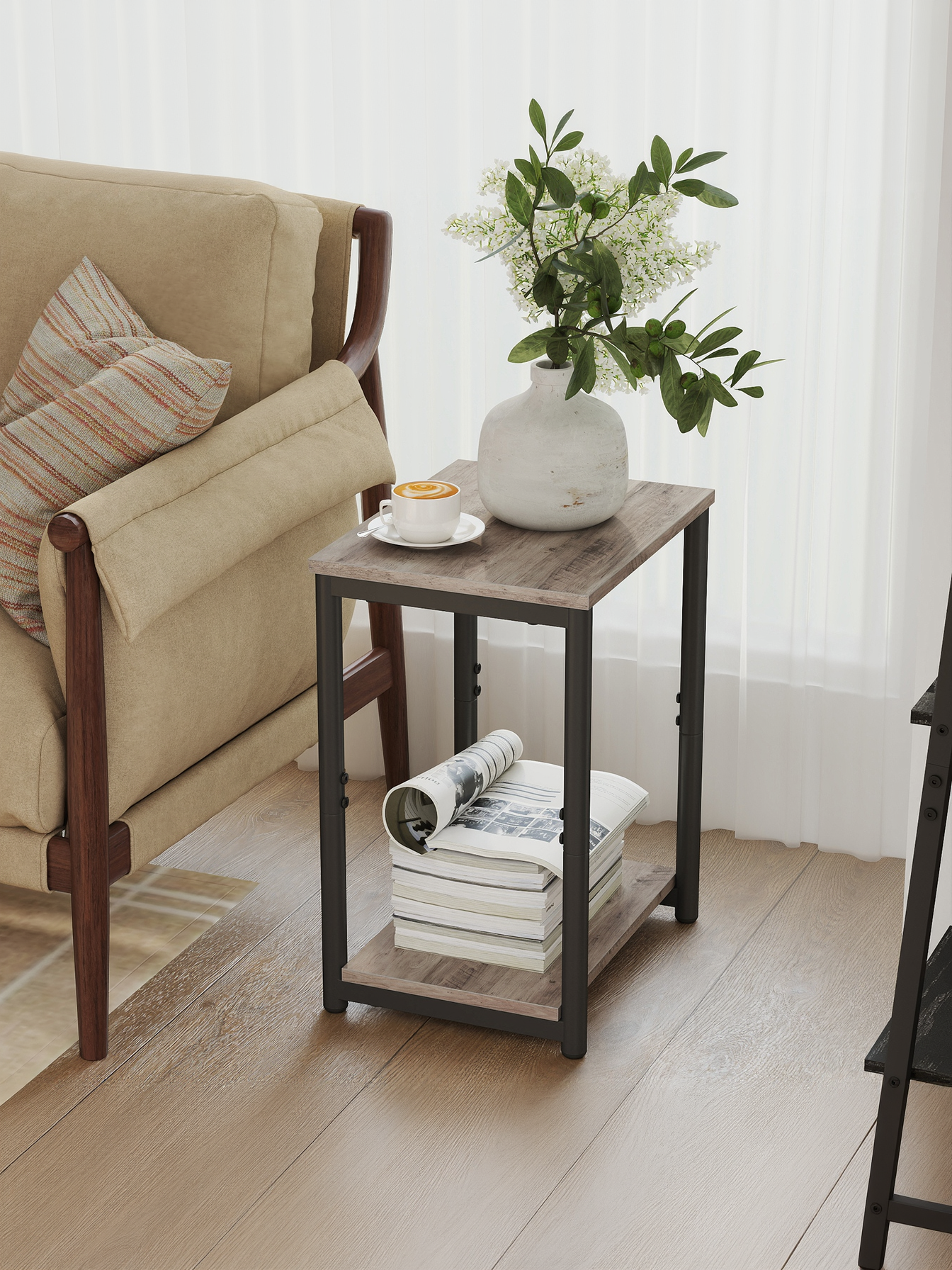 Set of 2 Slim End Tables, Small Side Tables with Shelves for Living Room and Bedroom, Greige and Black
