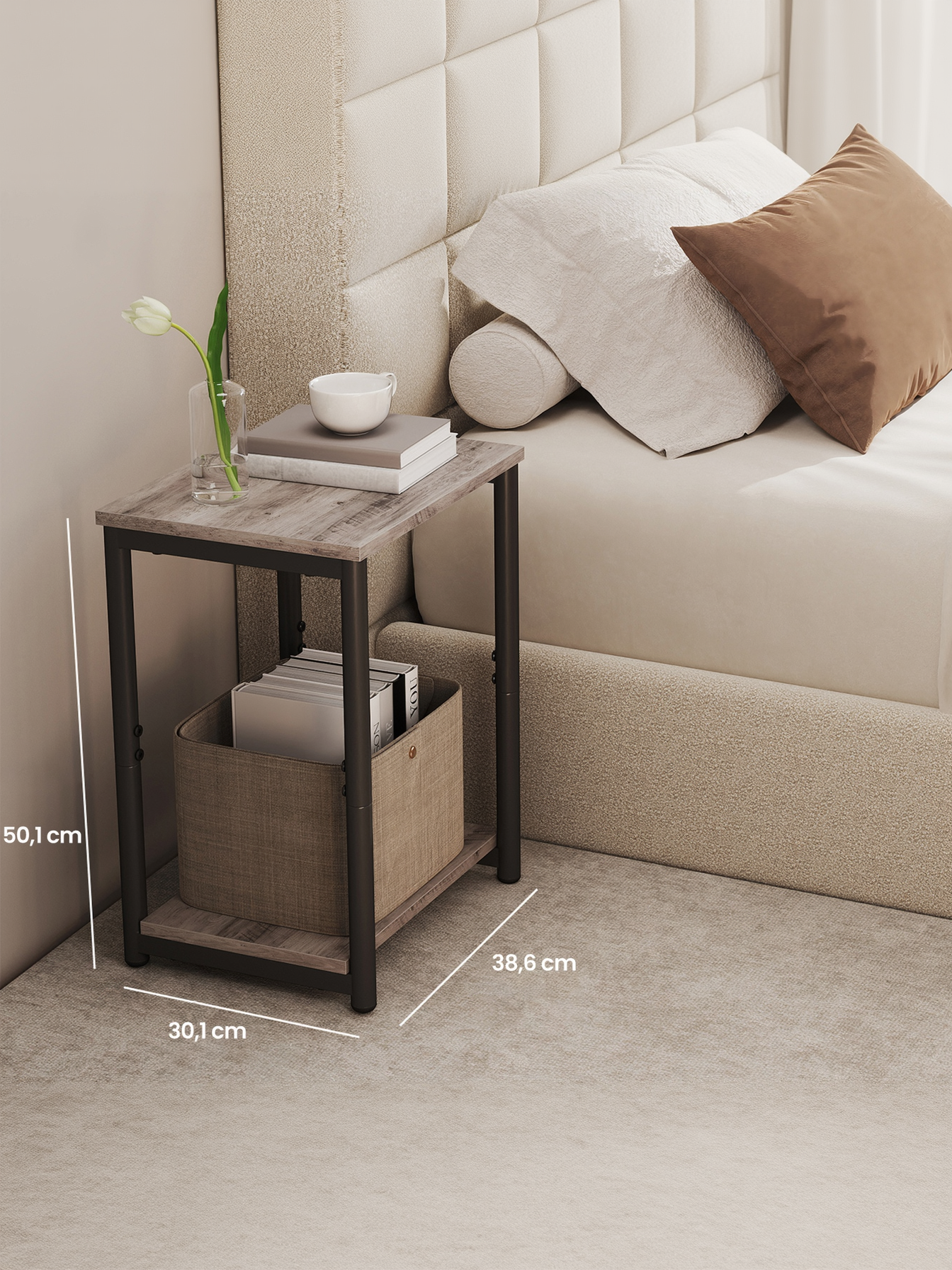 Set of 2 Slim End Tables, Small Side Tables with Shelves for Living Room and Bedroom, Greige and Black