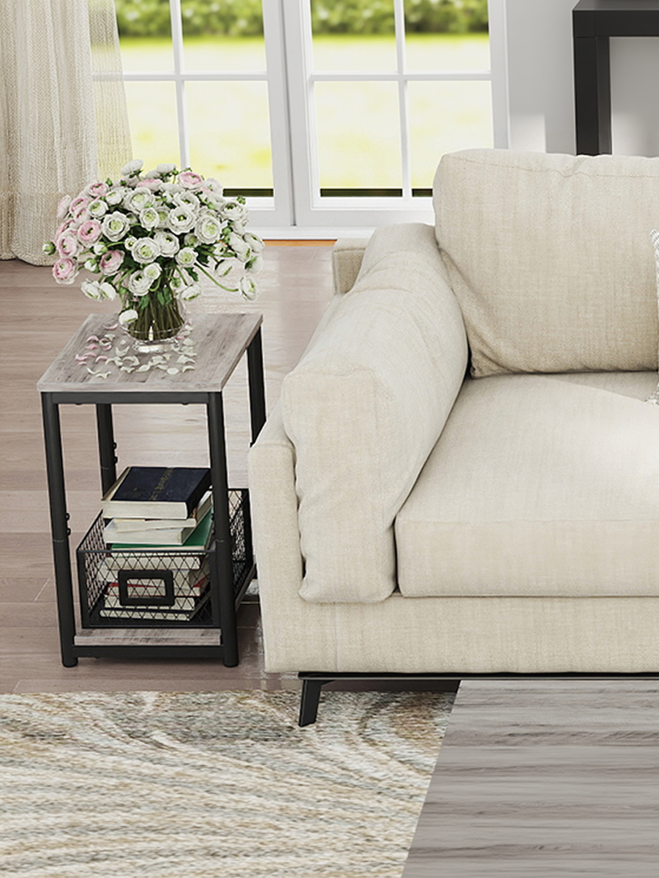 Set of 2 Slim End Tables, Small Side Tables with Shelves for Living Room and Bedroom, Greige and Black