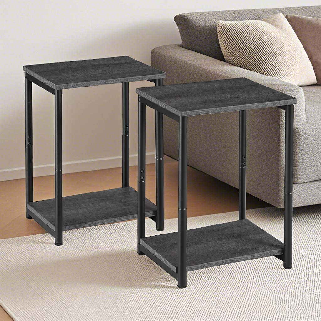 Set of 2 Slim Side Tables with Adjustable Feet, 15.2 Inch Small End Tables for Living Room Bedroom, Misty Gray and Black