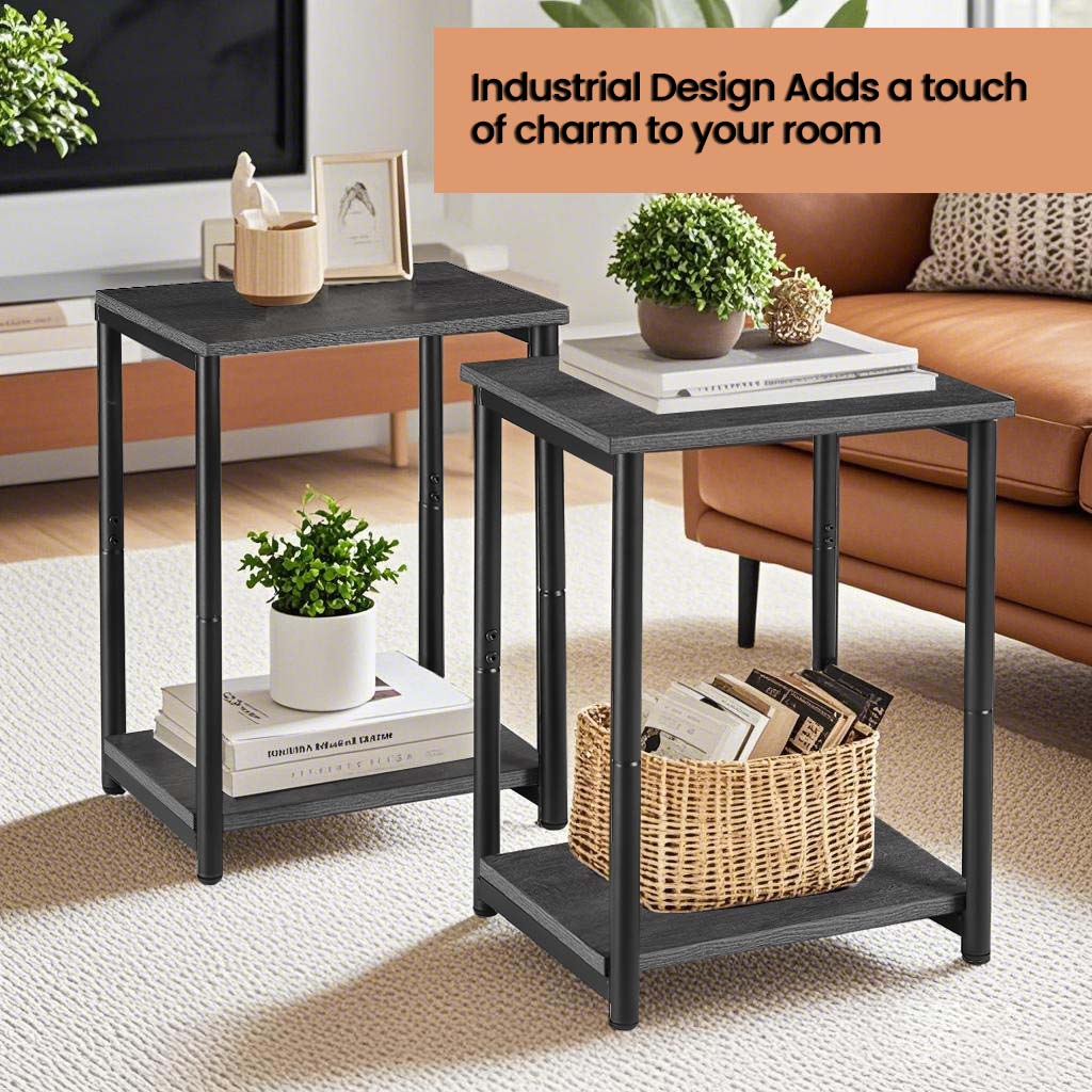 Set of 2 Slim Side Tables with Adjustable Feet, 15.2 Inch Small End Tables for Living Room Bedroom, Misty Gray and Black