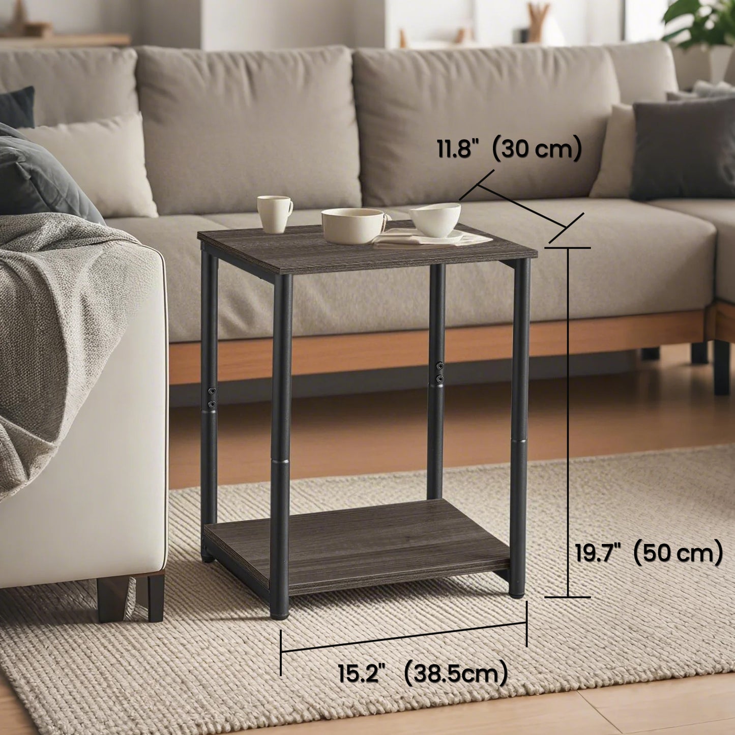 Side Tables Set of 2, Slim Industrial End Tables with Storage Shelf, Sturdy Steel Frame & Particleboard, Multi-Use for Living Room，Bedroom，Office, Chestnut Brown & Black