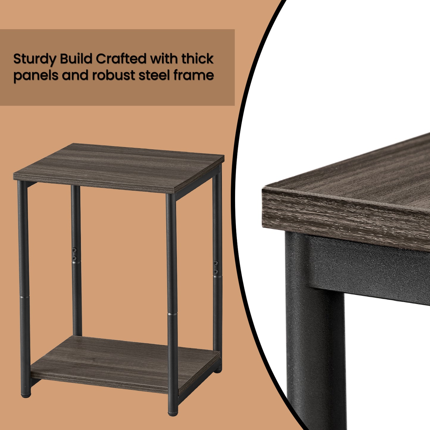 Side Tables Set of 2, Slim Industrial End Tables with Storage Shelf, Sturdy Steel Frame & Particleboard, Multi-Use for Living Room，Bedroom，Office, Chestnut Brown & Black