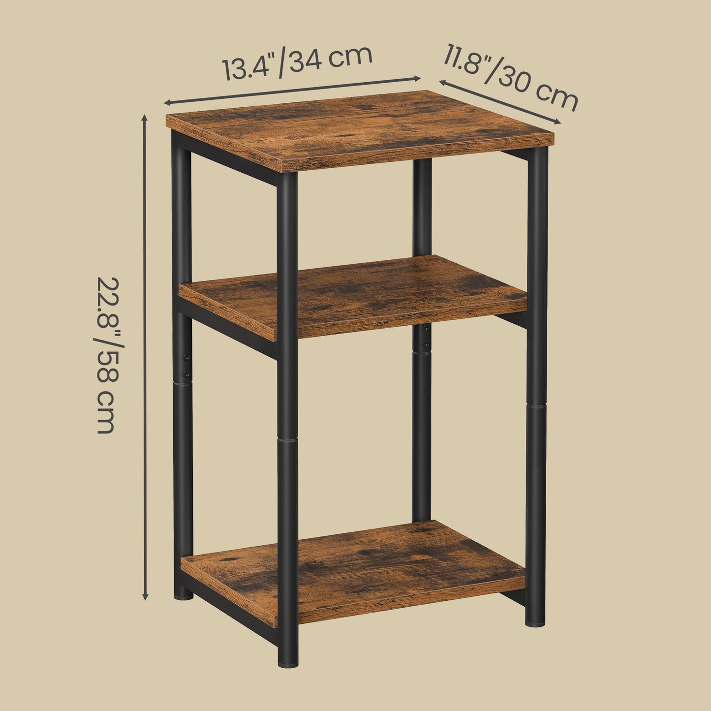 Small End Table with 3-Tier Open Storage, Industrial Tall Nightstand for Living Room, Bedroom, Office, Rustic Brown and Classic Black