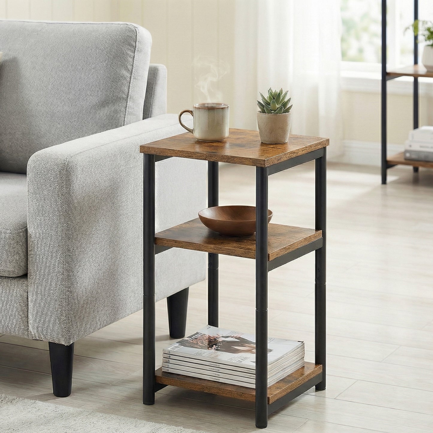 Small End Table with 3-Tier Open Storage, Industrial Tall Nightstand for Living Room, Bedroom, Office, Rustic Brown and Classic Black
