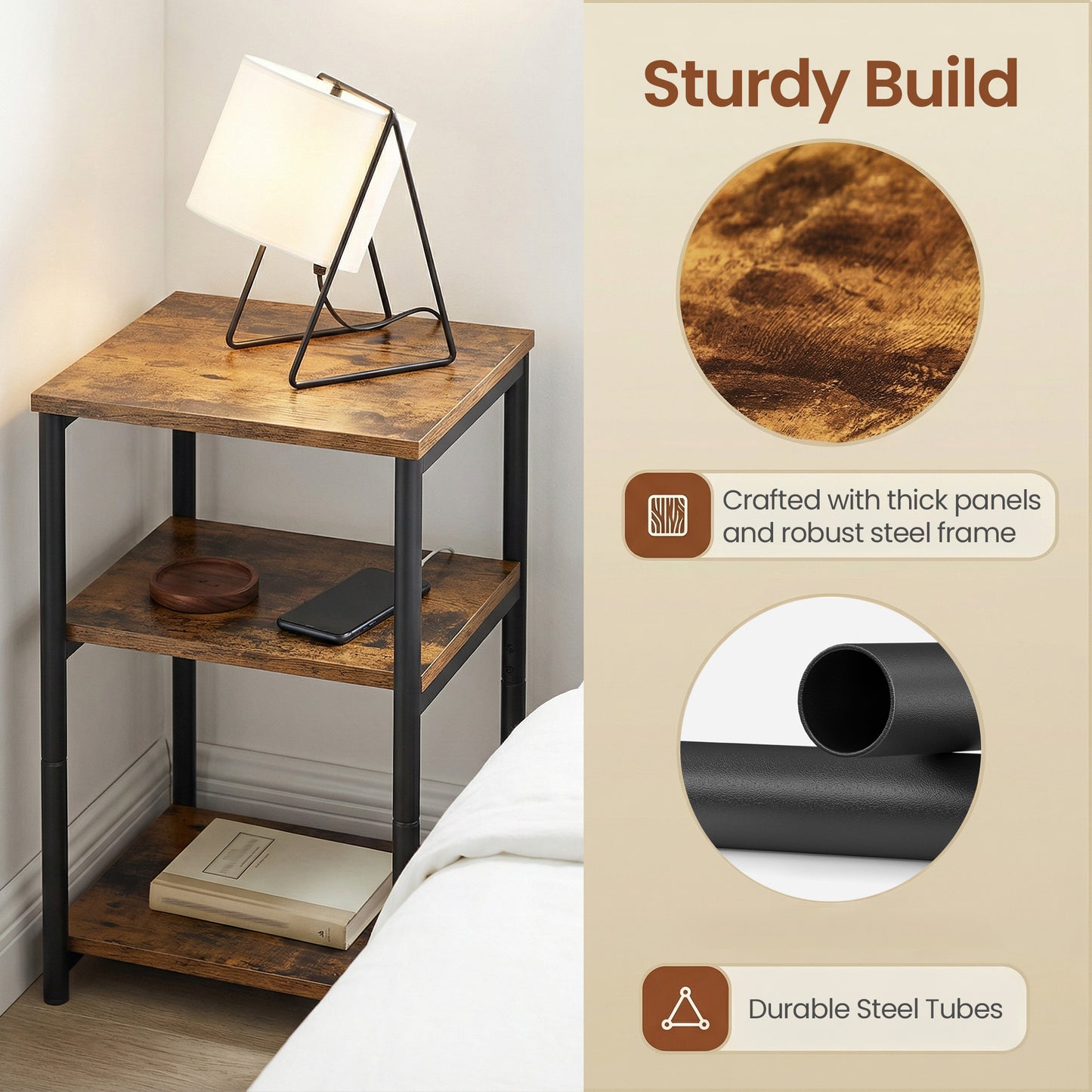 Small End Table with 3-Tier Open Storage, Industrial Tall Nightstand for Living Room, Bedroom, Office, Rustic Brown and Classic Black