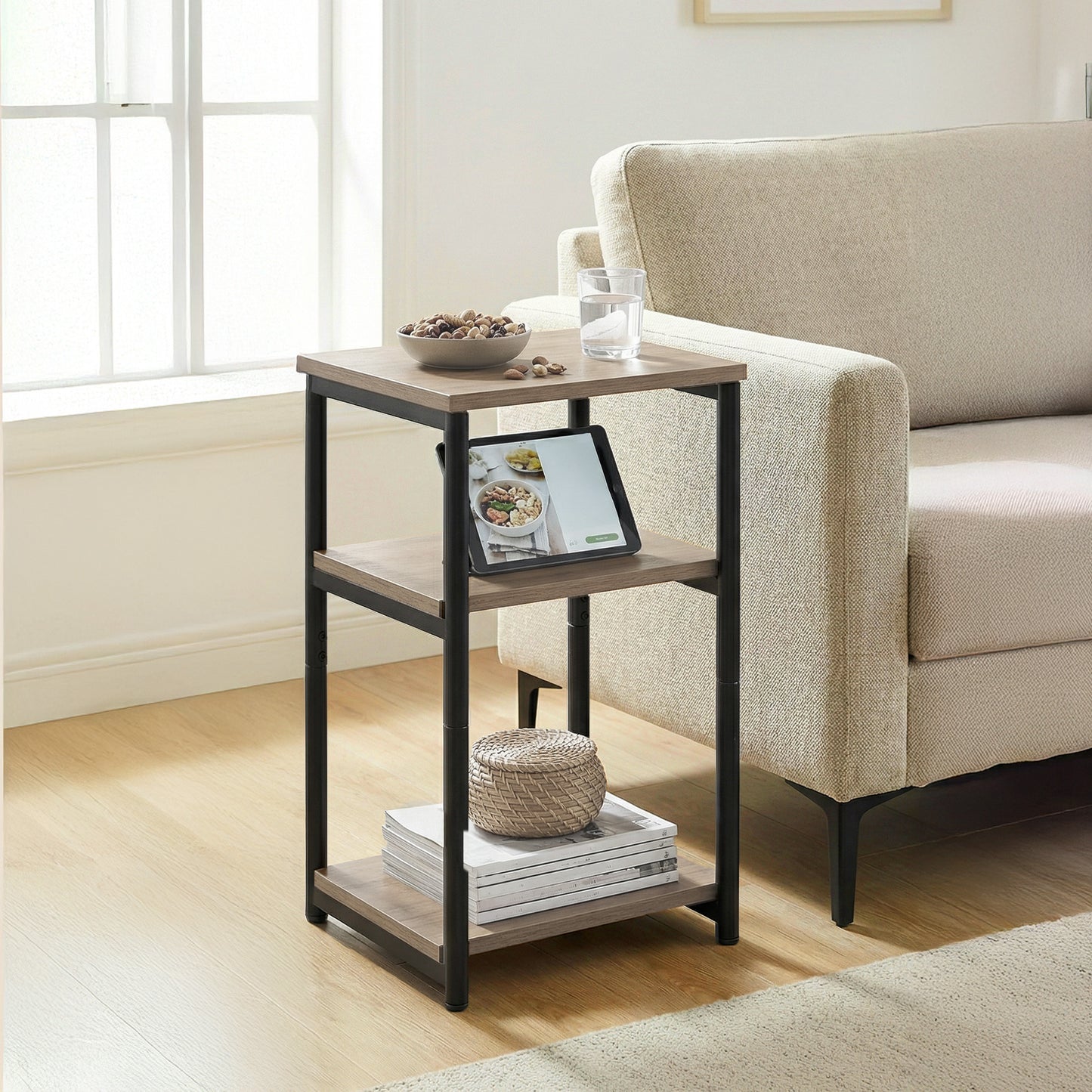 Small End Table with 3-Tier Storage, Industrial Tall Nightstand for Living Room, Bedroom, Office, Greige and Classic Black