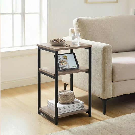 Small End Table with 3-Tier Storage, Industrial Tall Nightstand for Living Room, Bedroom, Office, Greige and Classic Black