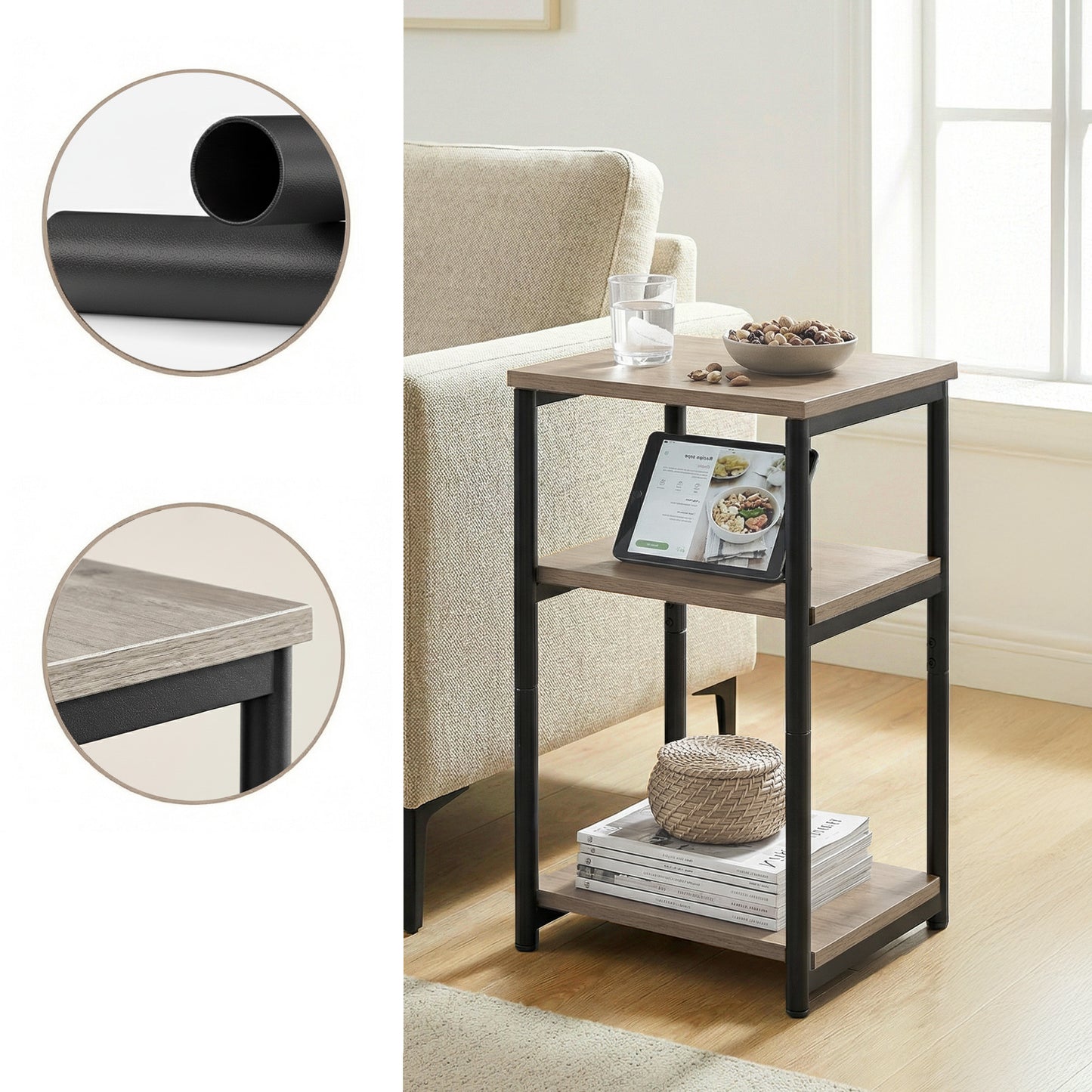 Small End Table with 3-Tier Storage, Industrial Tall Nightstand for Living Room, Bedroom, Office, Greige and Classic Black