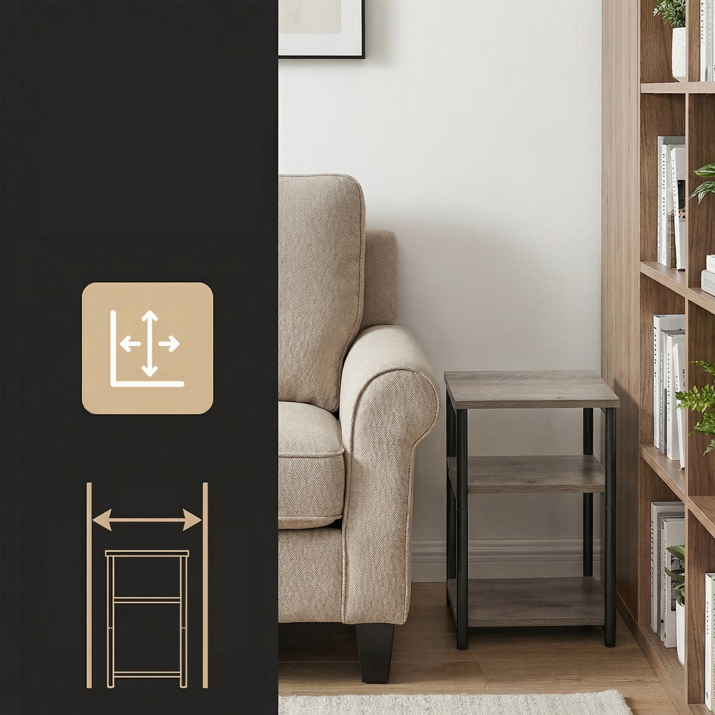 Small End Table with 3-Tier Storage, Industrial Tall Nightstand for Living Room, Bedroom, Office, Greige and Classic Black