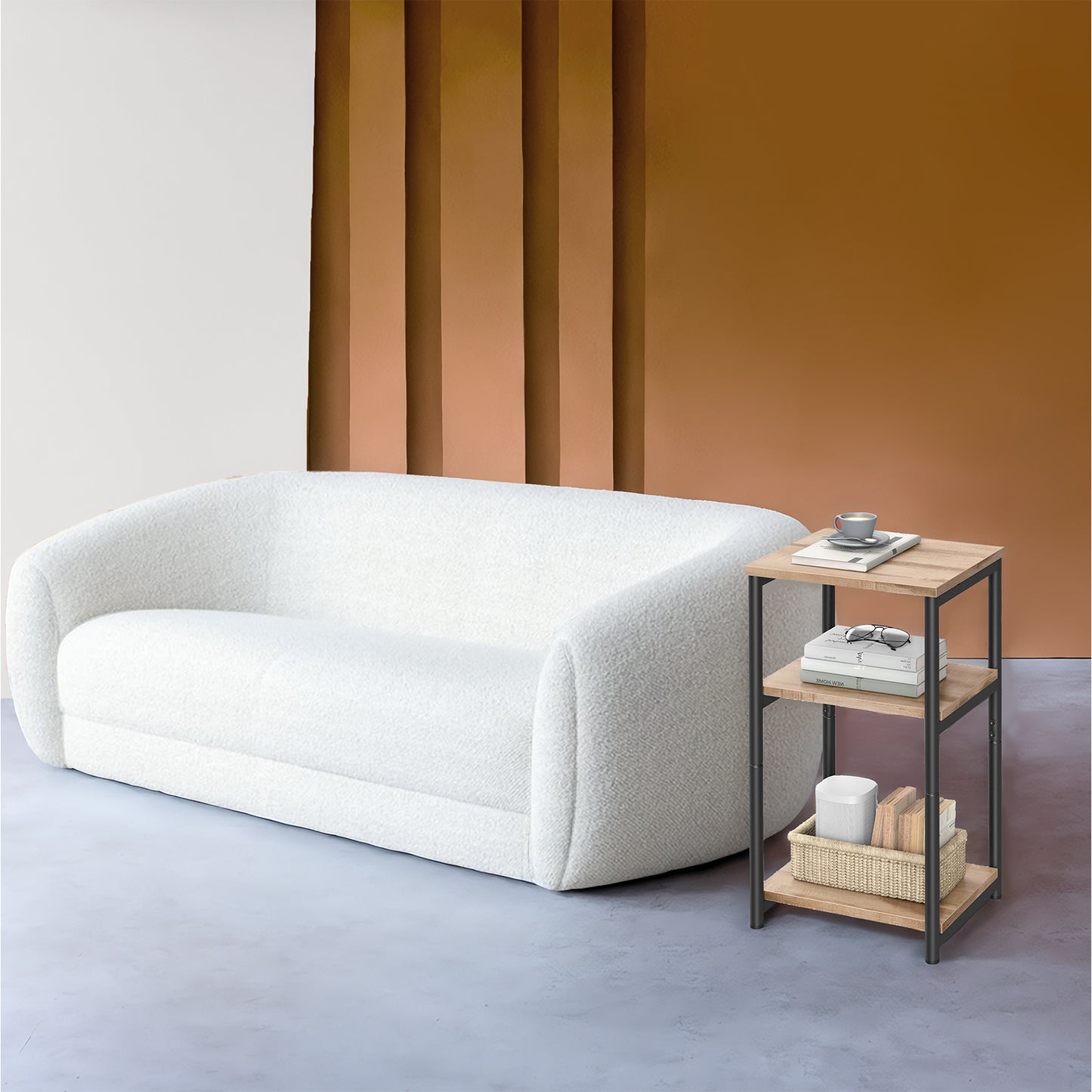3-Tier Tall End Table, Small Side Table with Open Shelves for Living Room, Bedroom and Office, Camel Brown and Classic Black
