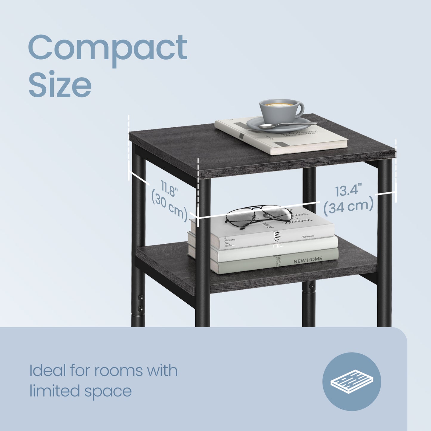 Small End Table with 3-Tier Storage, Tall Nightstand for Living Room, Bedroom, Office, Misty Gray and Classic Black