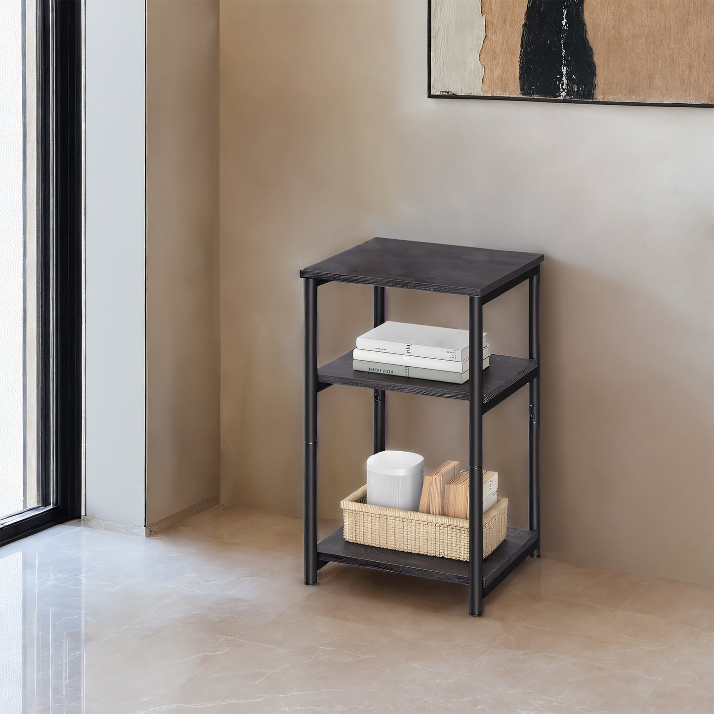 Small End Table with 3-Tier Storage, Tall Nightstand for Living Room, Bedroom, Office, Misty Gray and Classic Black