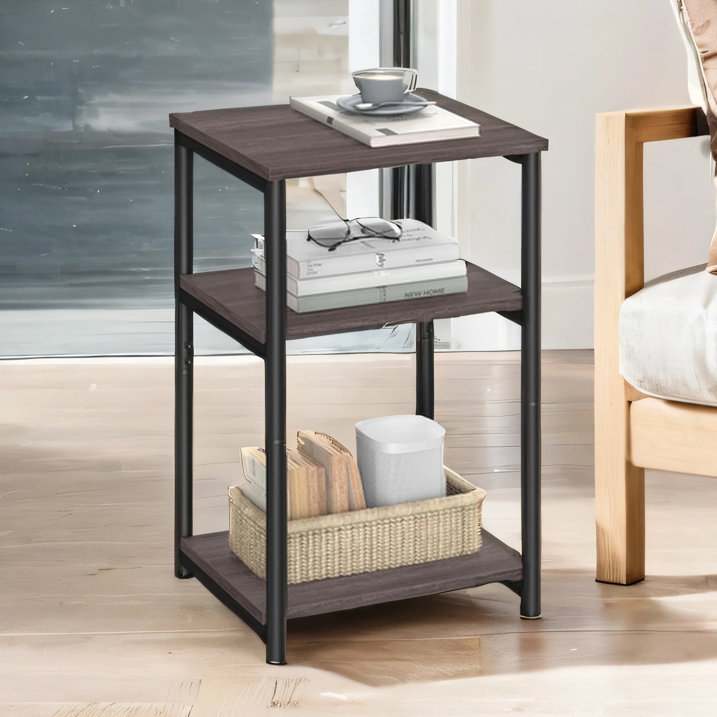 Small End Table with 3-Tier Storage, Industrial Tall Nightstand for Living Room, Bedroom, Office, Chestnut Brown and Classic Black