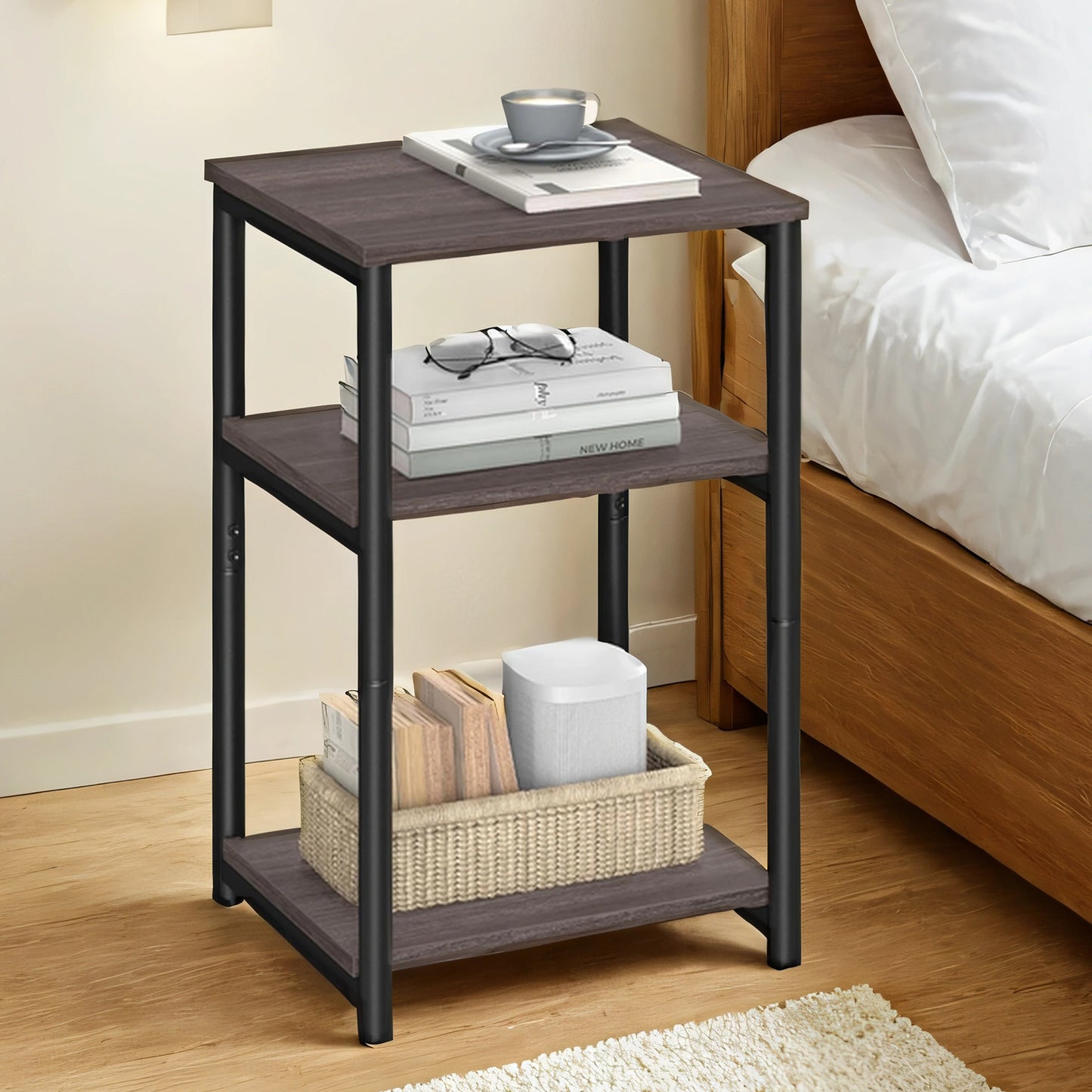 Small End Table with 3-Tier Storage, Industrial Tall Nightstand for Living Room, Bedroom, Office, Chestnut Brown and Classic Black