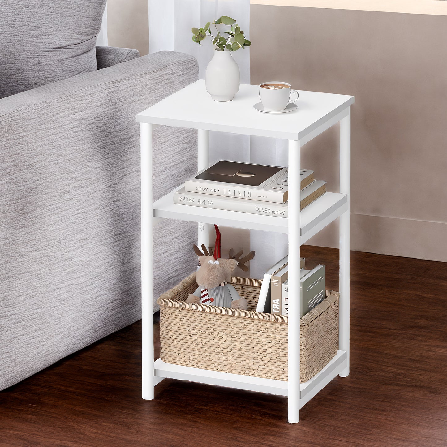 Small End Table with 3-Tier Storage, Industrial Tall Nightstand for Living Room, Bedroom, Office, White