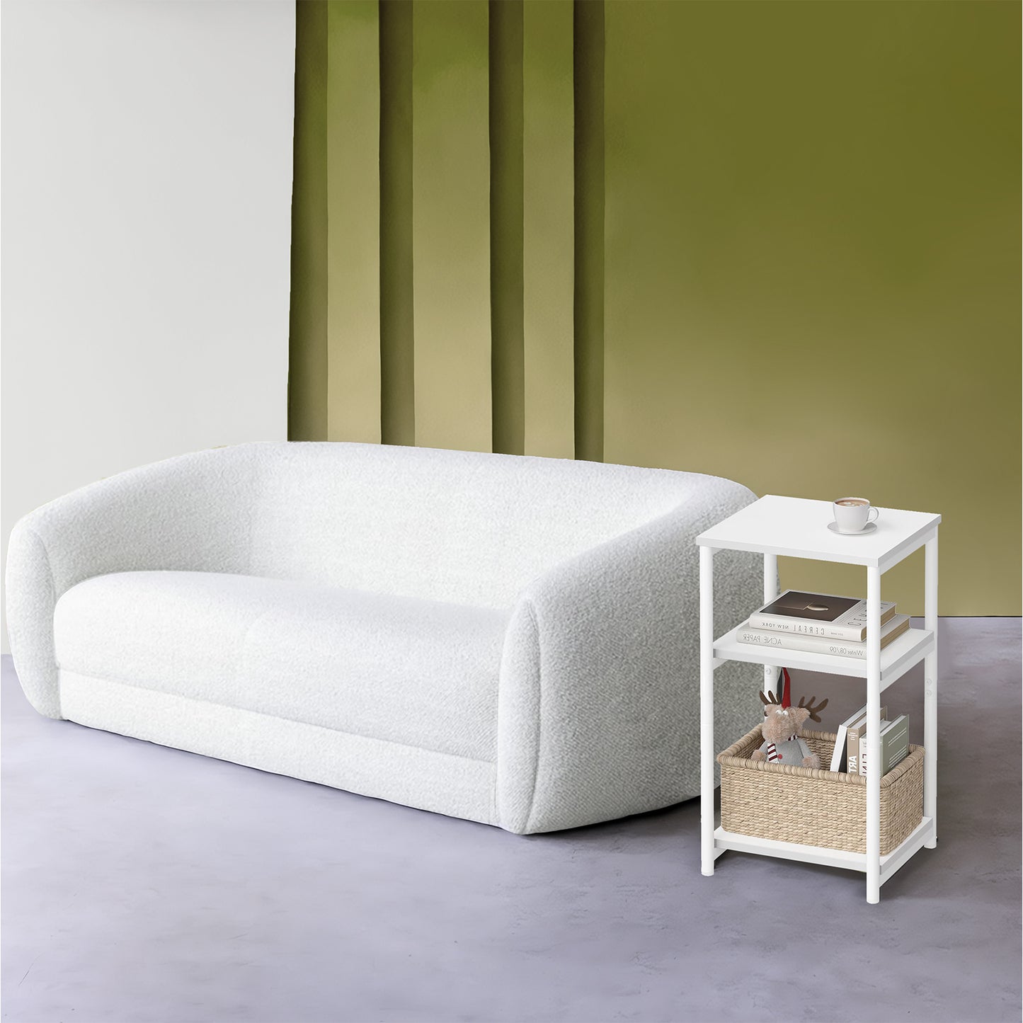 Small End Table with 3-Tier Storage, Industrial Tall Nightstand for Living Room, Bedroom, Office, White