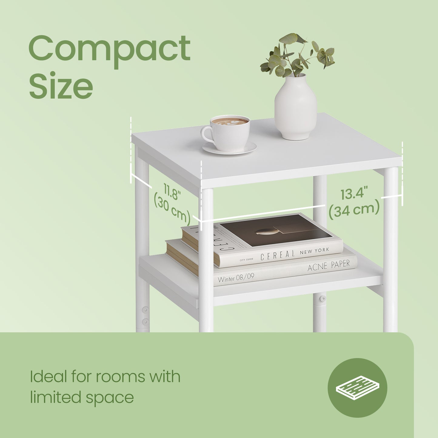 Small End Table with 3-Tier Storage, Industrial Tall Nightstand for Living Room, Bedroom, Office, White