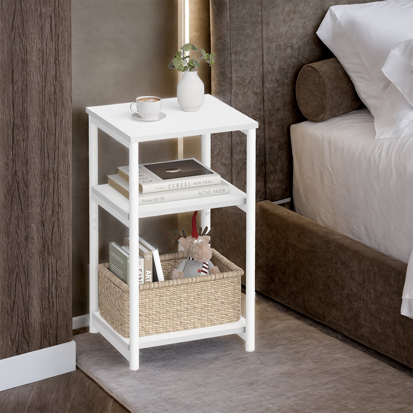 Small End Table with 3-Tier Storage, Industrial Tall Nightstand for Living Room, Bedroom, Office, White