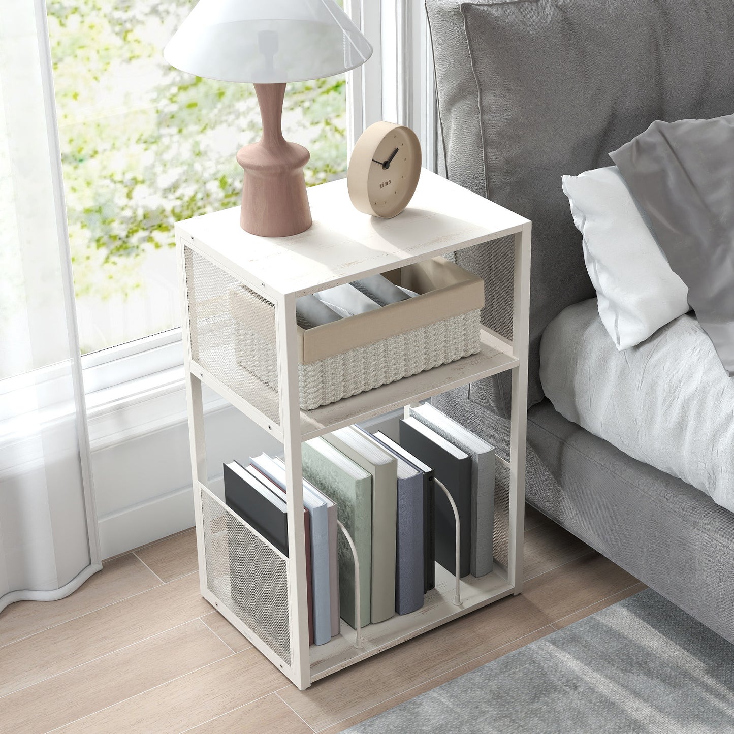 3-Tier Record Player Stand, Vinyl Record Storage for up to 100 Albums, Side End Table for Living Room and Bedroom, Rustic White