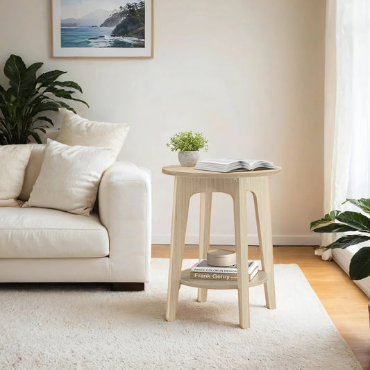 2-Tier Round Side Table with Tapered Legs, Compact Nightstand for Living Room or Bedroom, Freestanding Small Space End Table, Natural Beige
