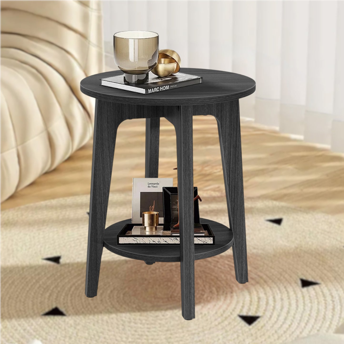 2-Tier Round Side Table with Tapered Legs, Compact Nightstand for Living Room or Bedroom, Freestanding Small Space End Table, Charcoal Gray